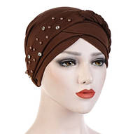 Роскошная шапка чалма коричневого цвета с косой, украшена камнями и бусинками