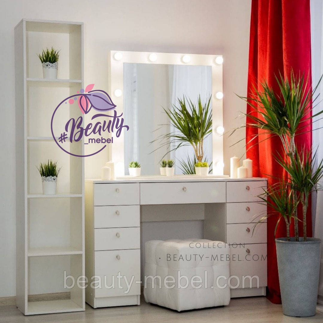 Широкий стіл для візажиста з ящиками і дзеркалом, колір - білий., фото 1