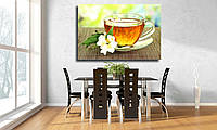 Картина для кухни на холсте "Чашка чая с жасмином, на бамбуковом столе"