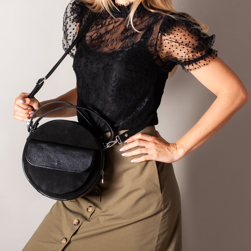 Кругла модна жіноча сумка з натуральної шкіри та замші в будь-якому кольорі.