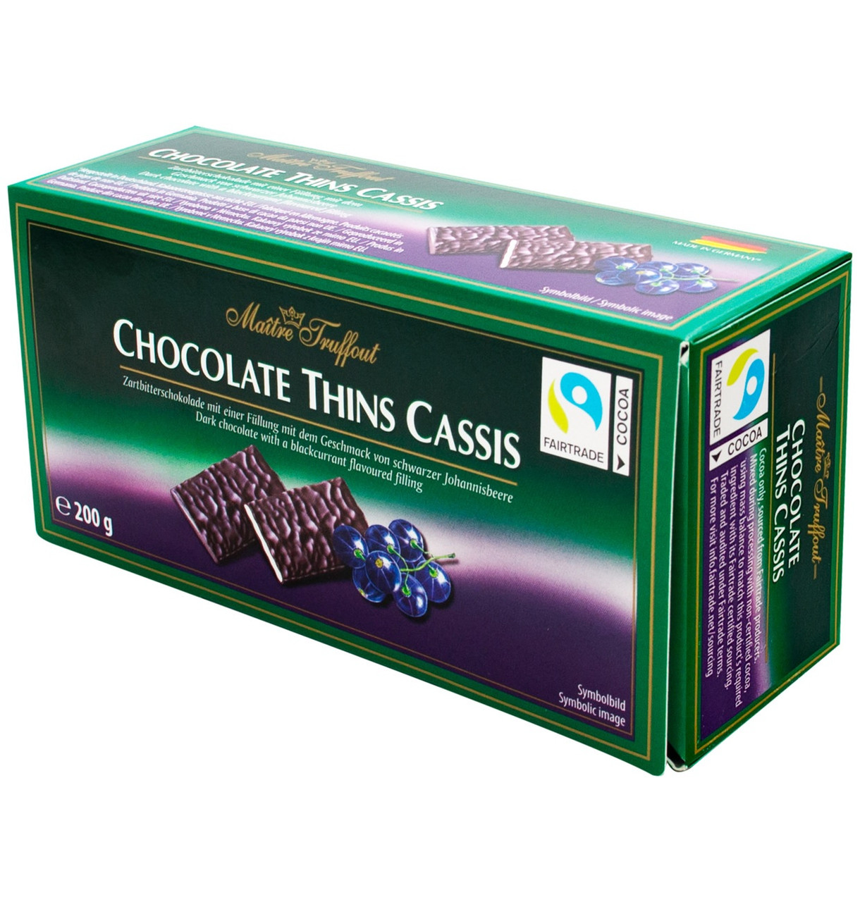 Шоколад чорний з начинкою Maitre Truffout Chocolate Thins Cassis чорна смородина 200 г Австрія (опт 5 шт)