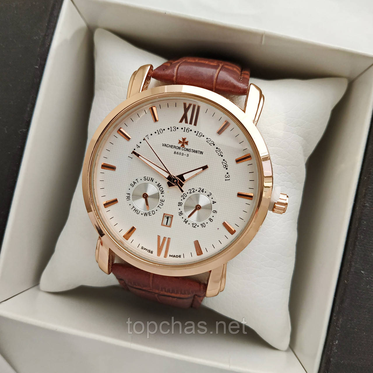 Чоловічий наручний годинник Vacheron Constantin на шкіряному ремінці - золото з білим циферблатом - код 1667