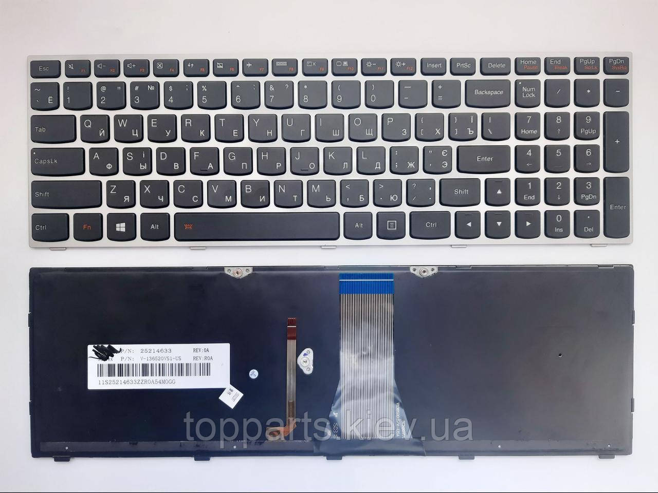 Клавіатура для ноутбуків Lenovo IdeaPad G50, Z50, Flex 2-15 Series чорний з сріблястою рамкою з подсвет RU/US