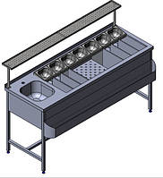Барная станция 1700х600х850 мм с мойкой и спил-стопом, гастроемкостями, рельсой для бутылок