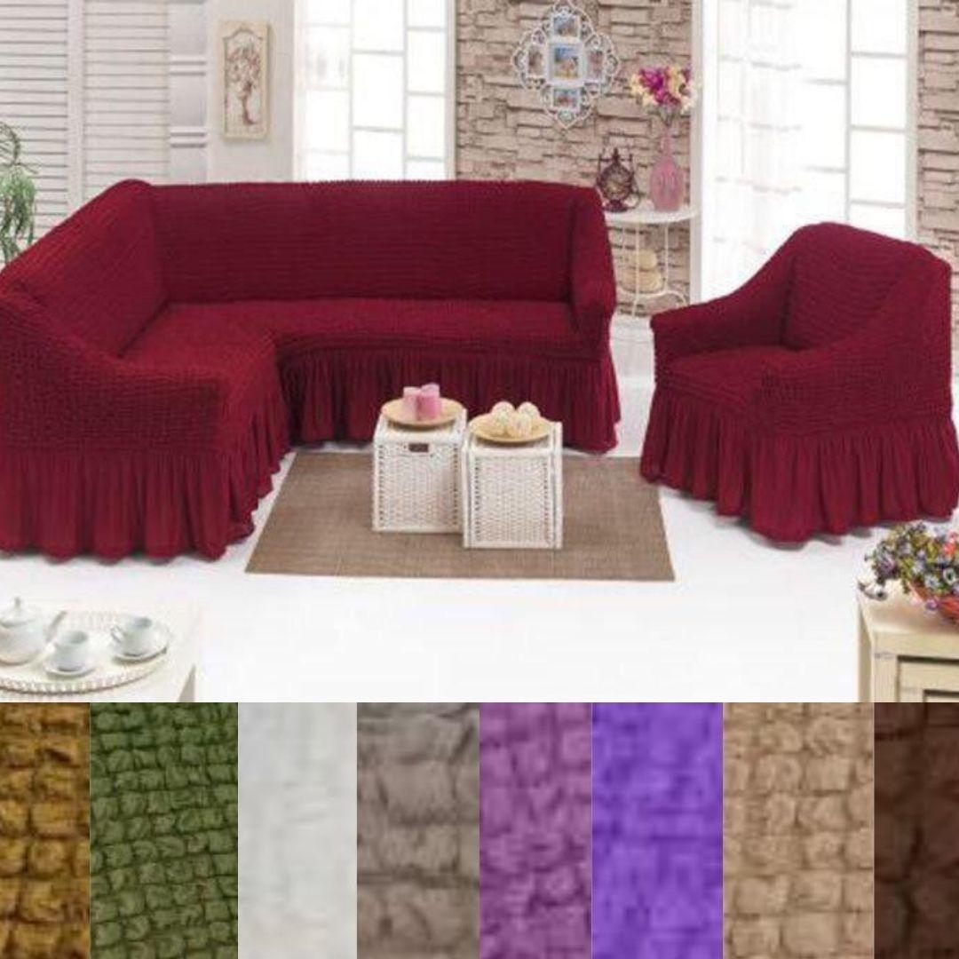 Накидка на кутовий диван та крісло натяжні, єврочохол на кутовий диван натяжна жатка з оборкою Бордовий, фото 1