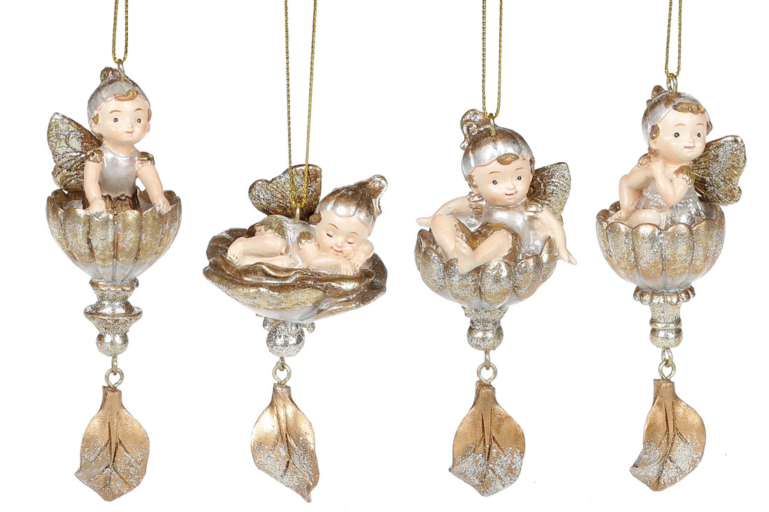Підвісна декоративна фігурка Лісова фея в квітці, 9.7-12.3 см, 4 види, колір - шампань із золотом,4шт