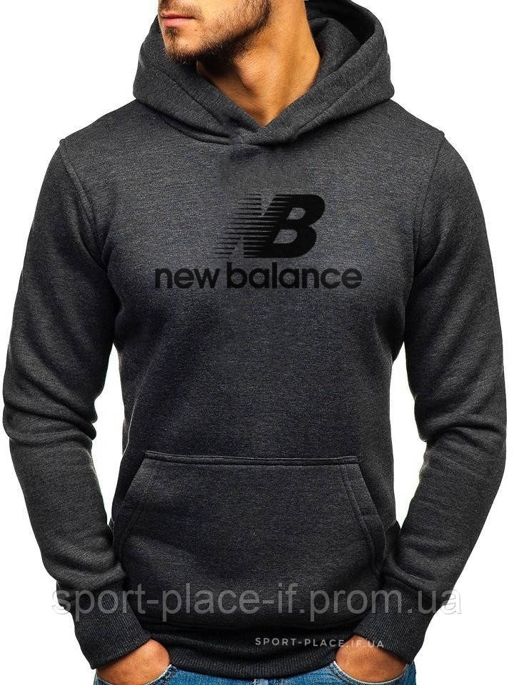 Утеплена чоловіча толстовка New Balance (Нью Беланс) ЗИМА темно-сіра з начосом кенгуру худі