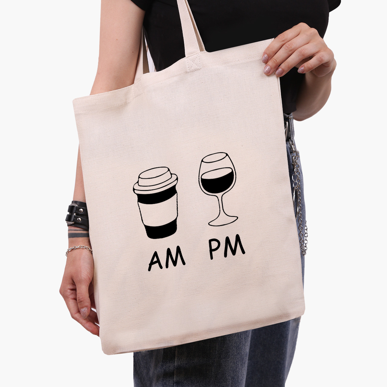 Еко сумка Кава вранці, вино вночі AM/PM бежева канвас з принтом