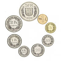 Швейцария набор из 8 монет 1975-2017 UNC 1, 5, 10, 20, 50 раппен, 1, 2, 5 франков