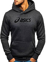 Утепленная мужская толстовка Asics (Асикс) ЗИМА темно серая с начесом (большая черная эмблема) кенгуру худи