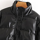 Жіноча демісезонна куртка коротка дута з еко шкіри. Пуховик осінній в стилі Zara (чорний), фото 8