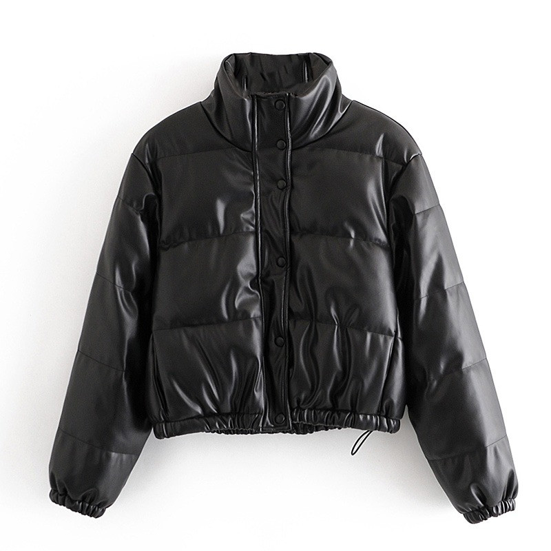 Женская демисезонная куртка короткая дутая из эко кожи. Пуховик осенний в стиле Zara (черный) - фото 3 - id-p1260765988