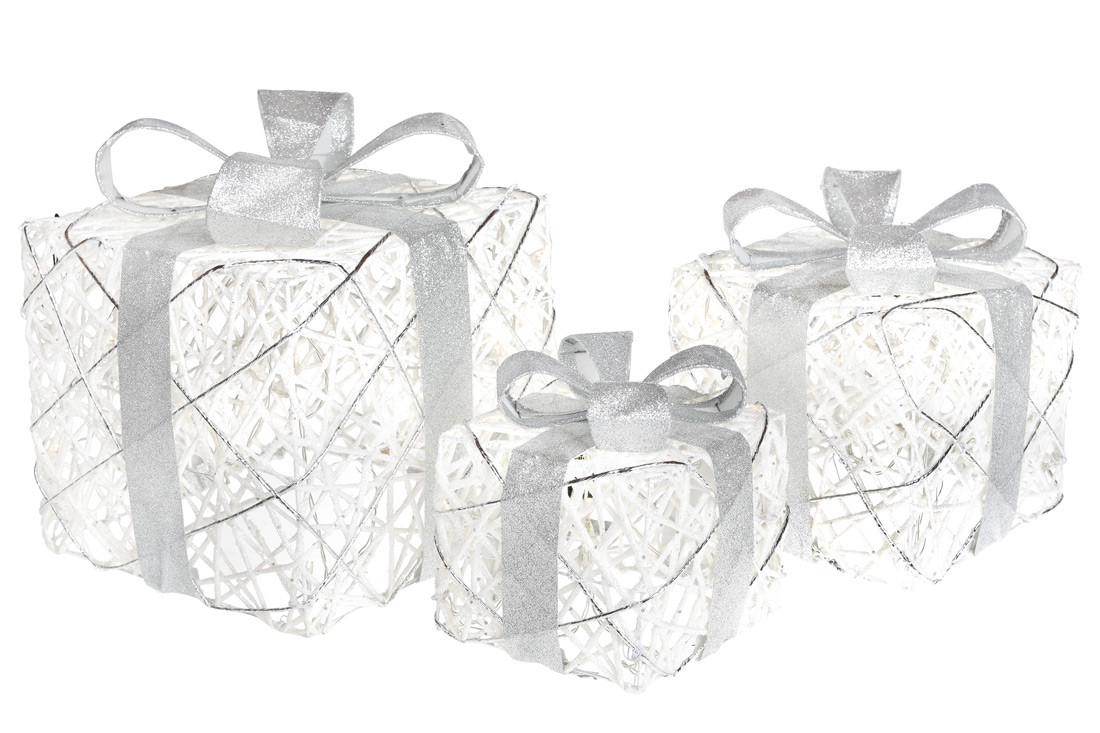 Набір декоративних подарунків (3шт) з підсвічуванням, 15см, 20см, 25см, колір - білий зі сріблом (NY12-285)