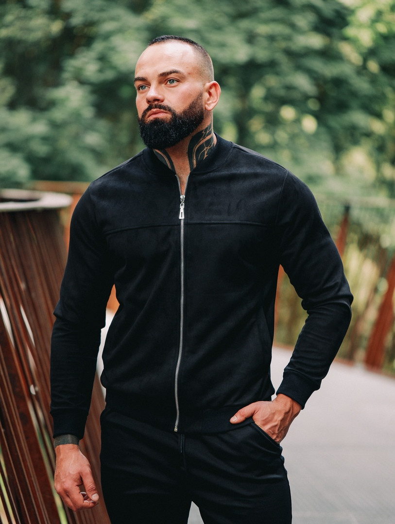 Чоловічий замшевий бомбер чорний на осінь/весну/літо