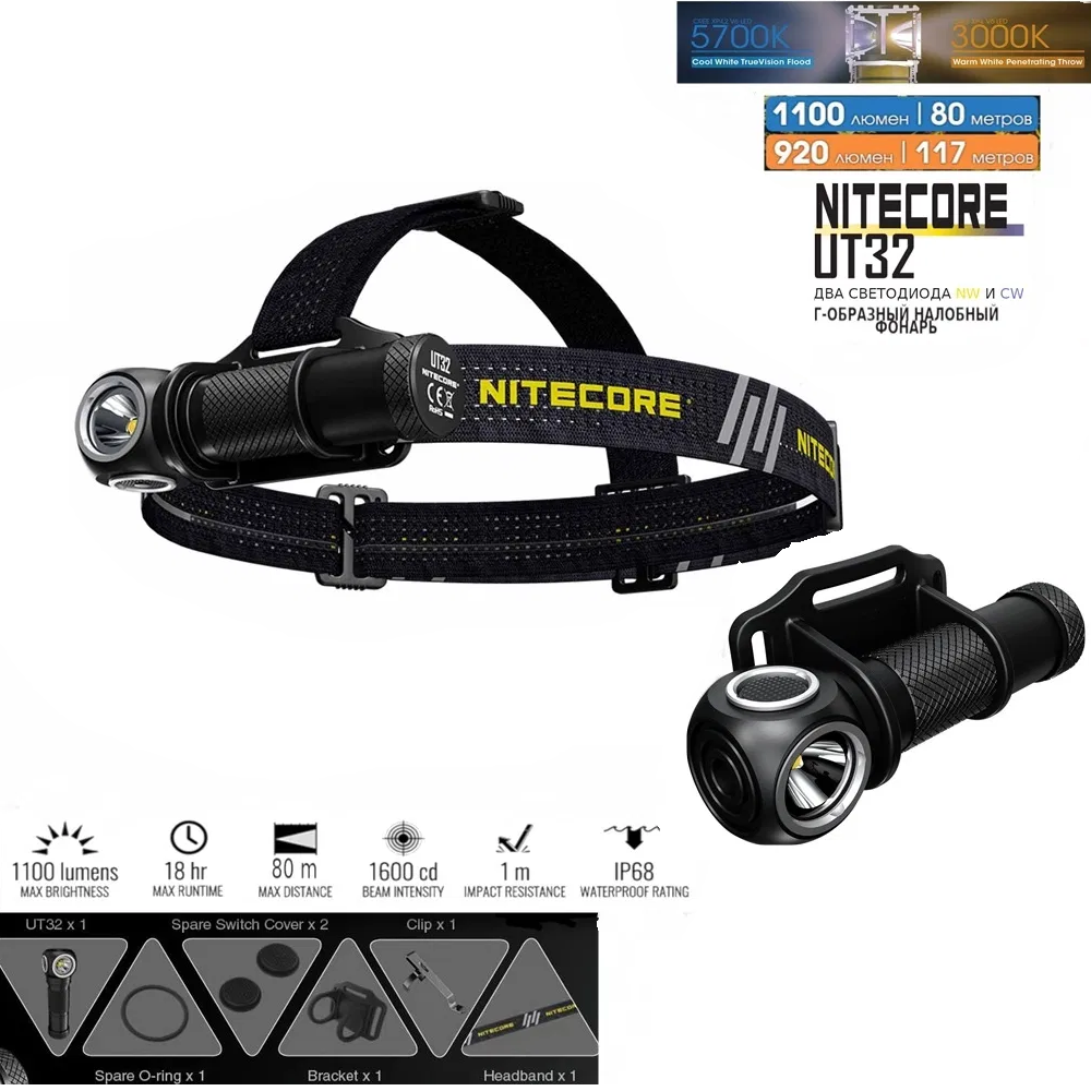 Ліхтар налобний Nitecore UT32 CREE XP-L2 V6*2шт, фото 1