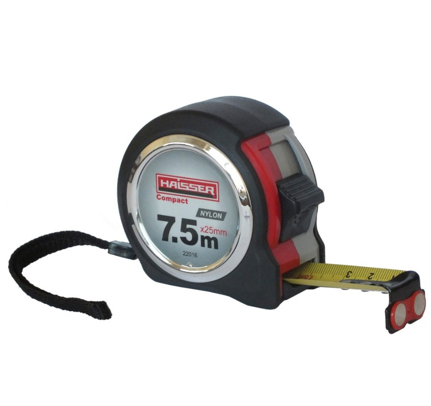 Рулетка вимірювальна Haisser Compact 7.5мх25мм, прогумований корпус, 2 стопа, нейлон, магніт 84380 (22016)