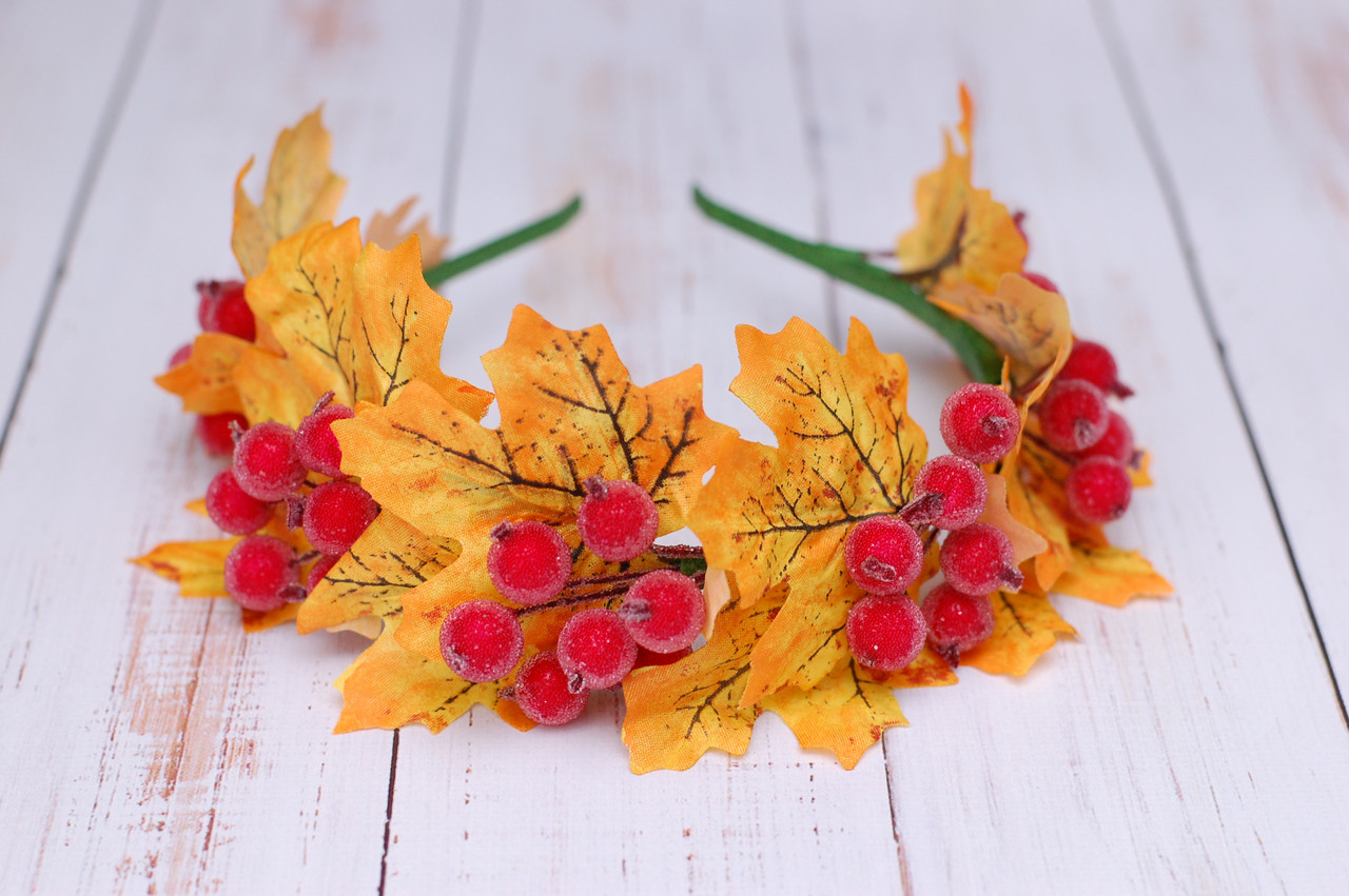 Обруч для волосся / обідок на голову з осіннім листям і калиною 304, фото 1