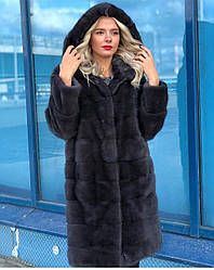 Норкова натуральна шуба 100 см. З капюшоном, колір графіт