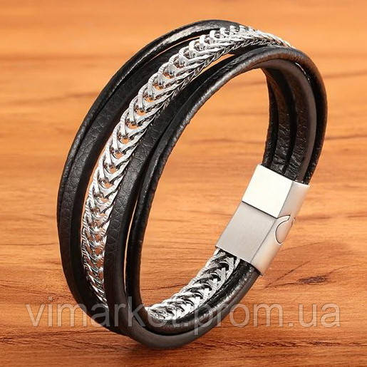Шкіряний наручний браслет з натуральної шкіри з срібною металевою вставкою з магнітною застібкою