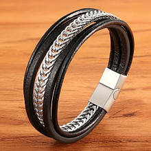 Шкіряний наручний браслет з натуральної шкіри з срібною металевою вставкою з магнітною застібкою