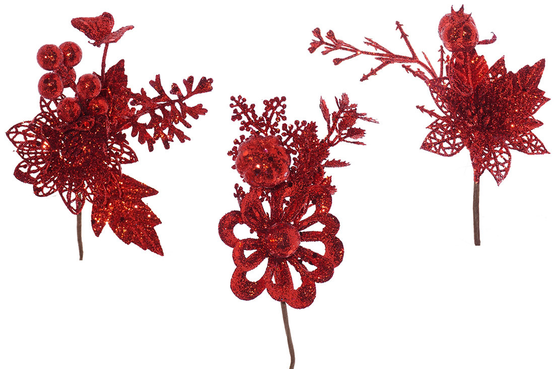Декоративний букетик, 11см, колір - червоний гліттер, 3 дизайни - 12 шт УПАКОВКА ТОВАР ВІД ВИРОБНИКА