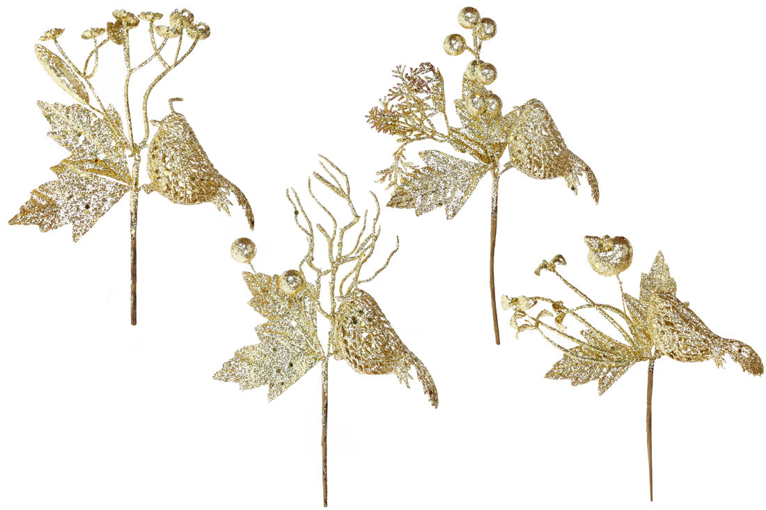 Декоротивний букетик, 20см, колір - золото гліттер, 4 дизайни - 12 шт УПАКОВКА ТОВАР ВІД ВИРОБНИКА