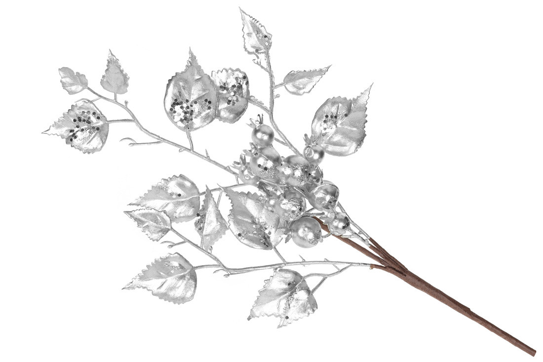 Декоративна гілка з ягодами та листям 50см, колір - матове срібло - 12 шт УПАКОВКА ТОВАР ВІД ВИРОБНИКА