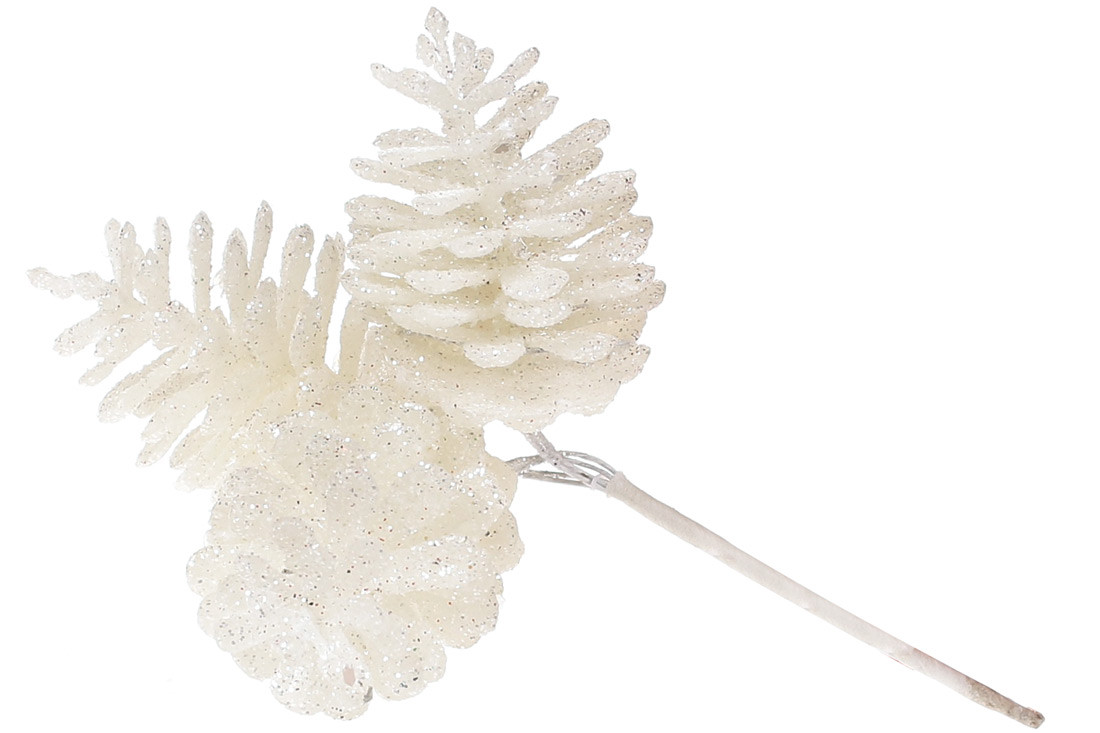 Декоративні шишки, пучок 3шт, 13см, колір - білий глiттер - 12 шт УПАКОВКА ТОВАР ВІД ВИРОБНИКА