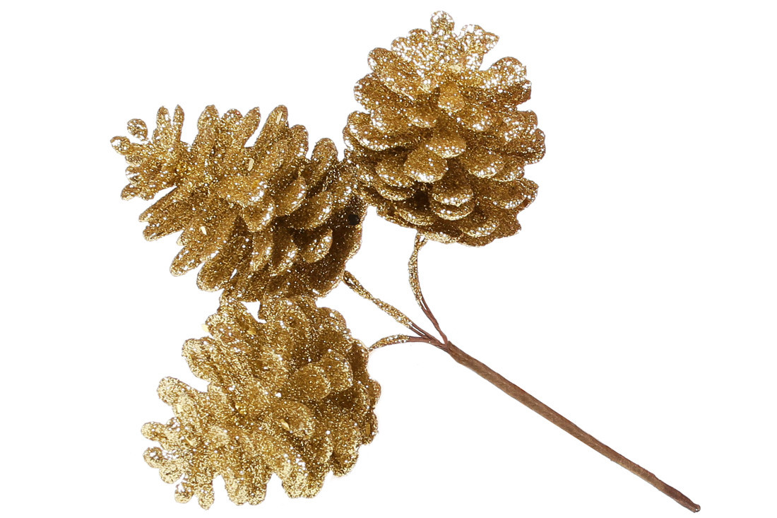 Декоративні шишки, пучок 3 шт, 13см, колір - золото глiттер - 12 шт УПАКОВКА ТОВАР ВІД ВИРОБНИКА