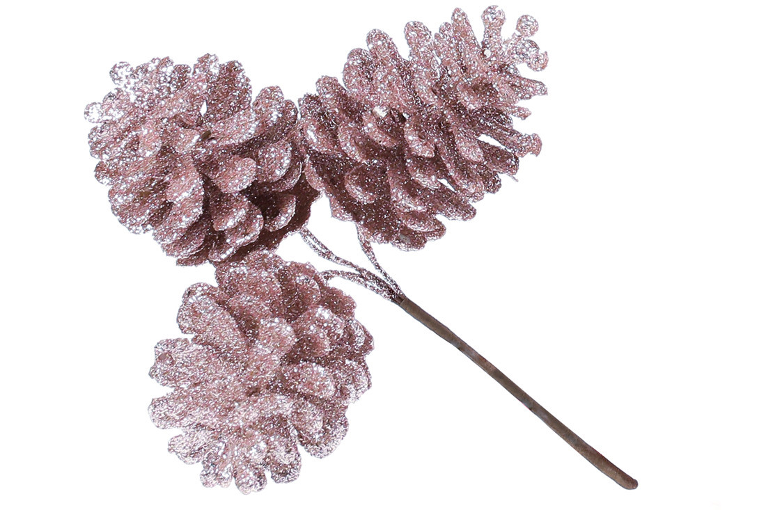 Декоративні шишки, пучок 3 шт, 13см, колір - рожевий глiттер - 12 шт УПАКОВКА ТОВАР ВІД ВИРОБНИКА