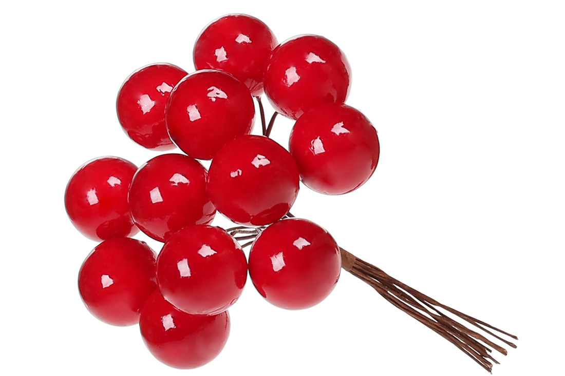 Декоративний букетик ягід 12шт, 11см, колір - червоний глянець - 12 шт УПАКОВКА ТОВАР ВІД ВИРОБНИКА