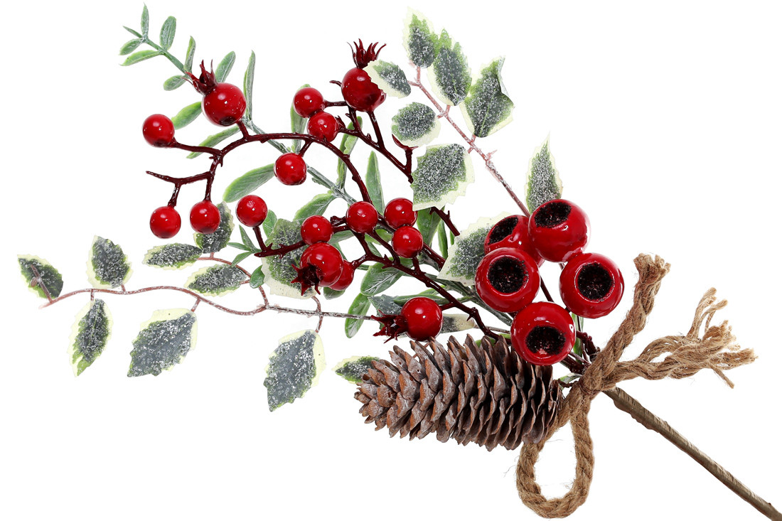 Декоративна гілка з шишкою та червоними ягодами, 34см - 12 шт УПАКОВКА ТОВАР ВІД ВИРОБНИКА