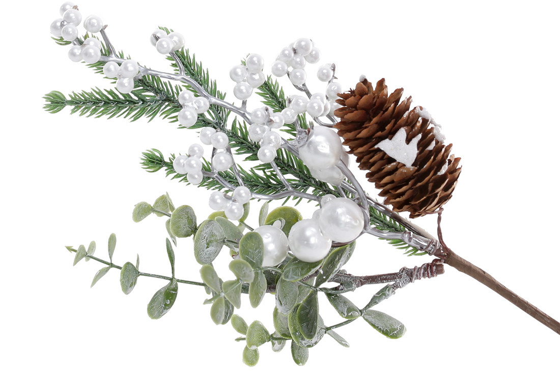 Декоративна гілка з листя та хвої, з білими ягодами та шишкою, 23,5см - 12 шт УПАКОВКА ТОВАР ВІД ВИРОБНИКА