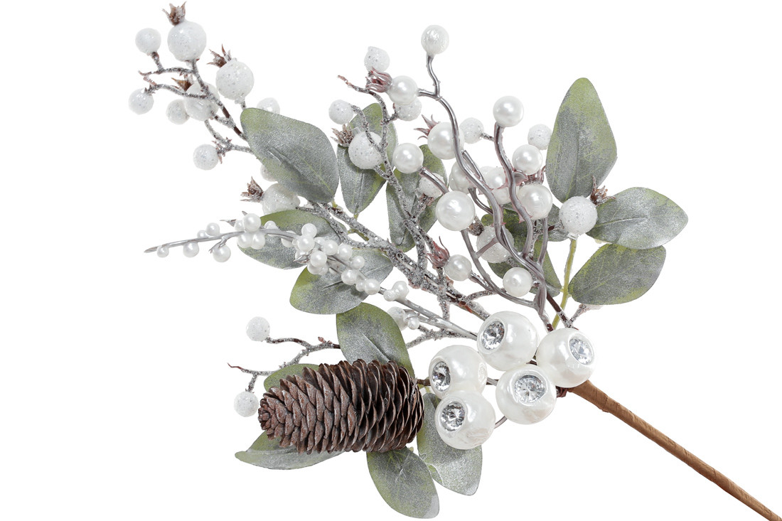 Гілка з листя з білими перламутровими ягодами та шишкою, 37см - 12 шт УПАКОВКА ТОВАР ВІД ВИРОБНИКА
