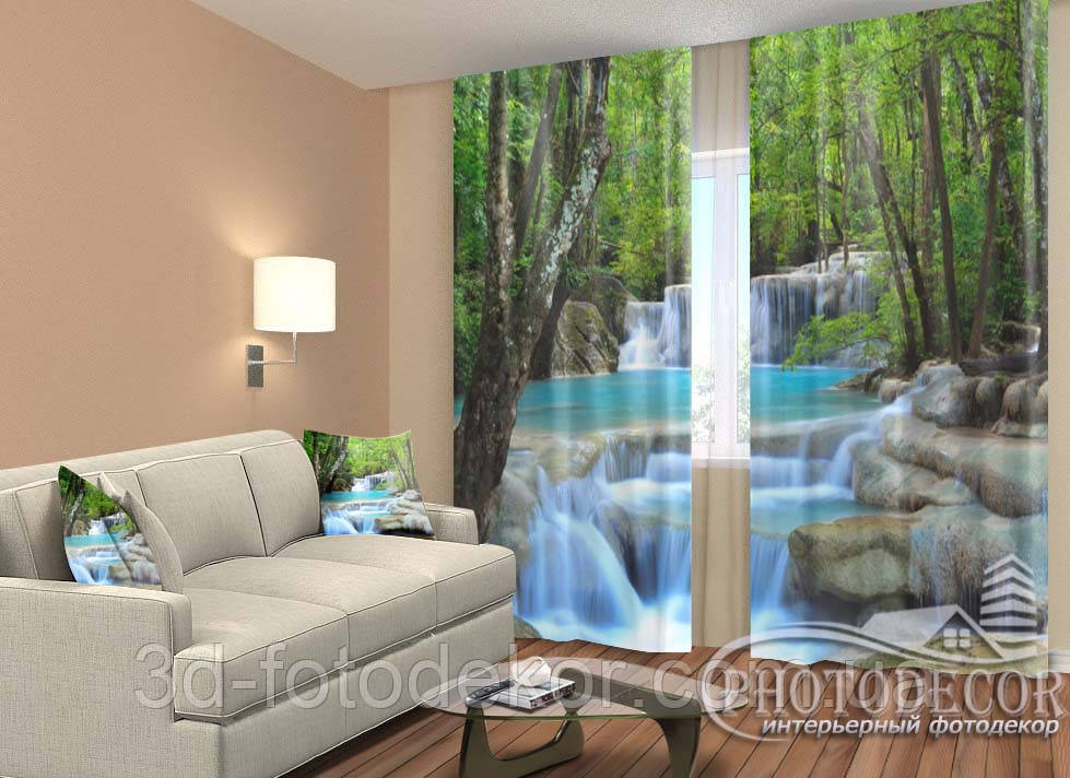 Фото Штори "Блакитний водоспад у лісі" 2,5м*2,9м (2 полотна по 1,45м), тасьма, фото 1