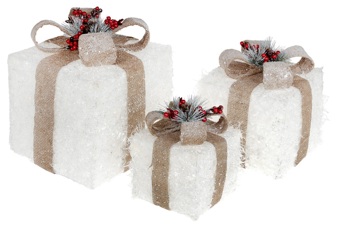 Набір декоративних подарунків (3шт) з підсвічуванням 15см, 20см, 25см, колір - білий з бежевим (NY12-355)