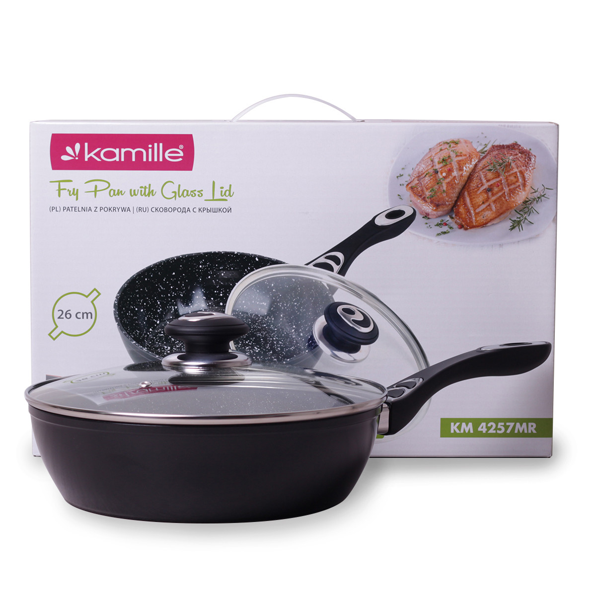 Сотейник 26см з литого алюмінію з керамічним покриттям "мармур" і кришкою KM-4257MR