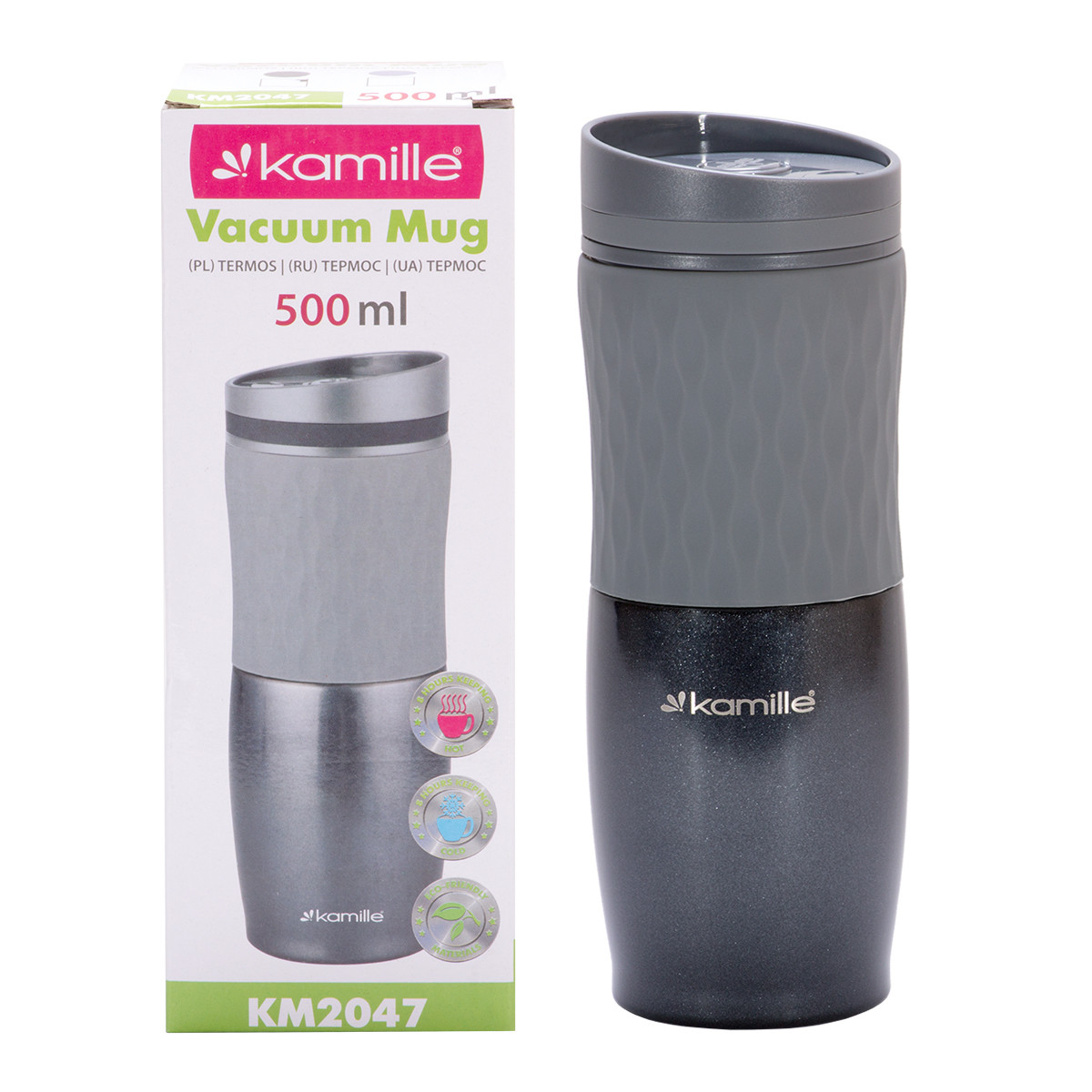 Термокружка Сірий 500ml. з нержавіючої сталі з TPR вставкою KM-2047