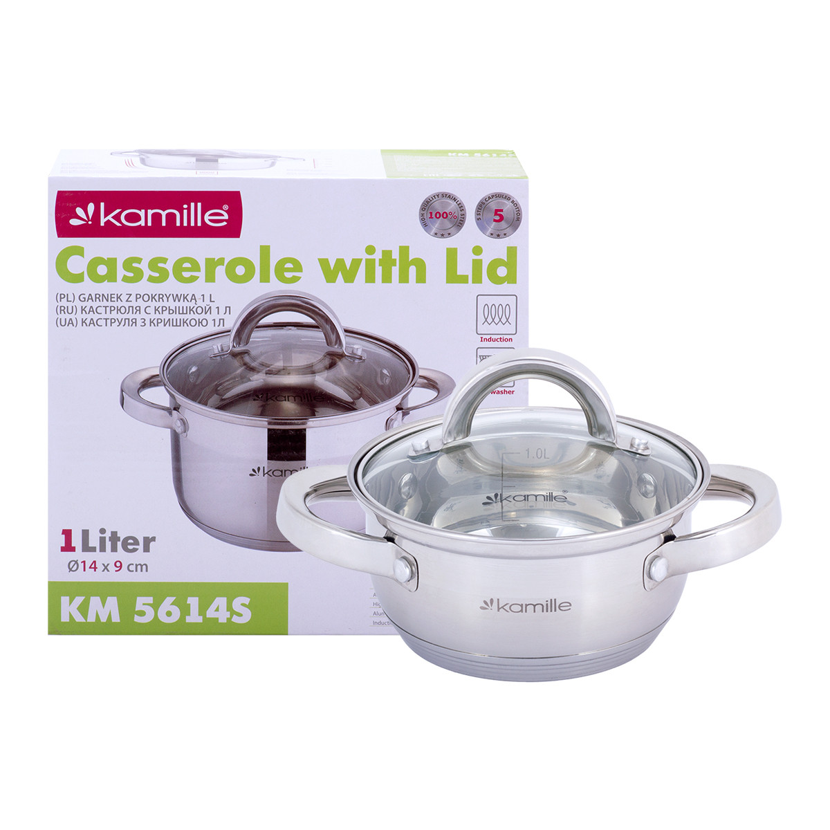Каструля з кришкою 1л з нержавіючої сталі для приготування їжі для індукції і газу KM-5614S