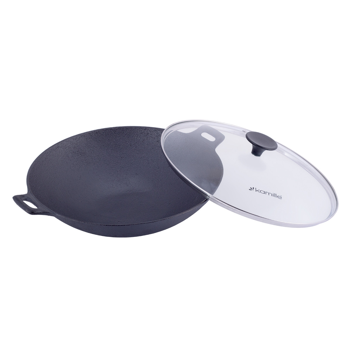 Сковорода чавунна Wok 30см зі скляною кришкою Kamille для індукції і газу KM-4814V