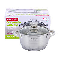 Каструля з кришкою 2.0 л з нержавіючої сталі і порожнистими ручками для індукції і газу KM-4911