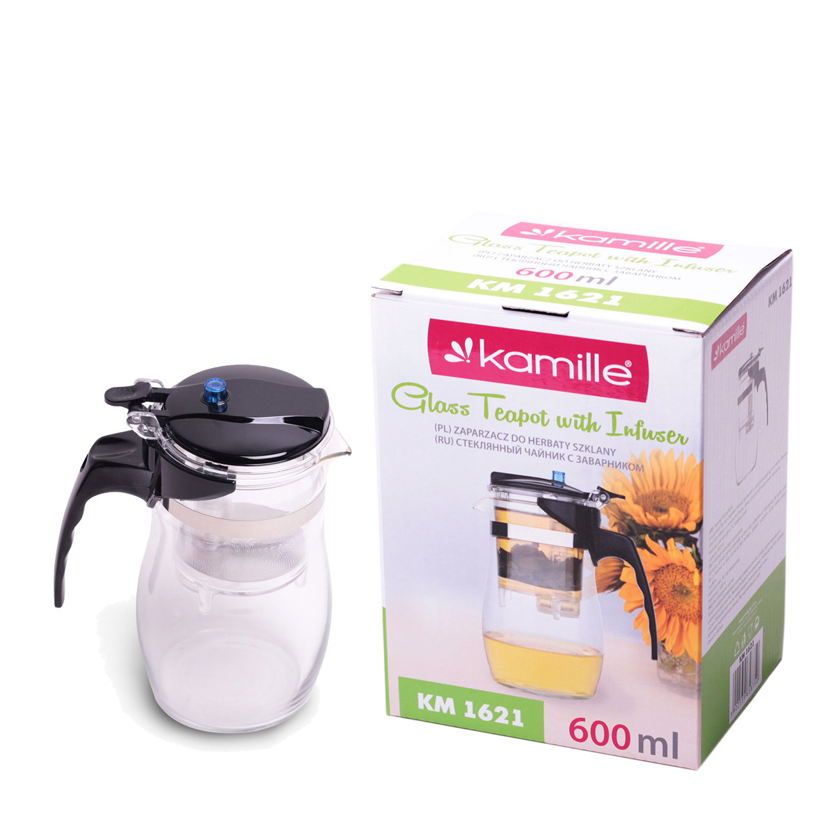Заварник зі знімним ситечком 600мл і відсіком для чаю (скло, пластик)