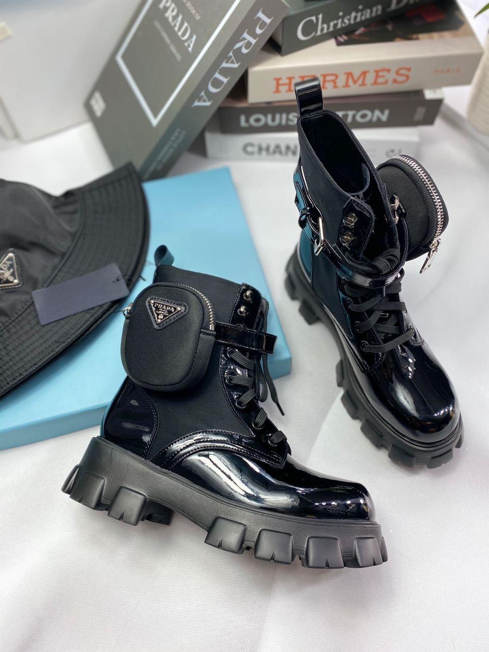 Черевики жіночі Prada чорні лакові прада весна осінь із гаманцем повсякденні