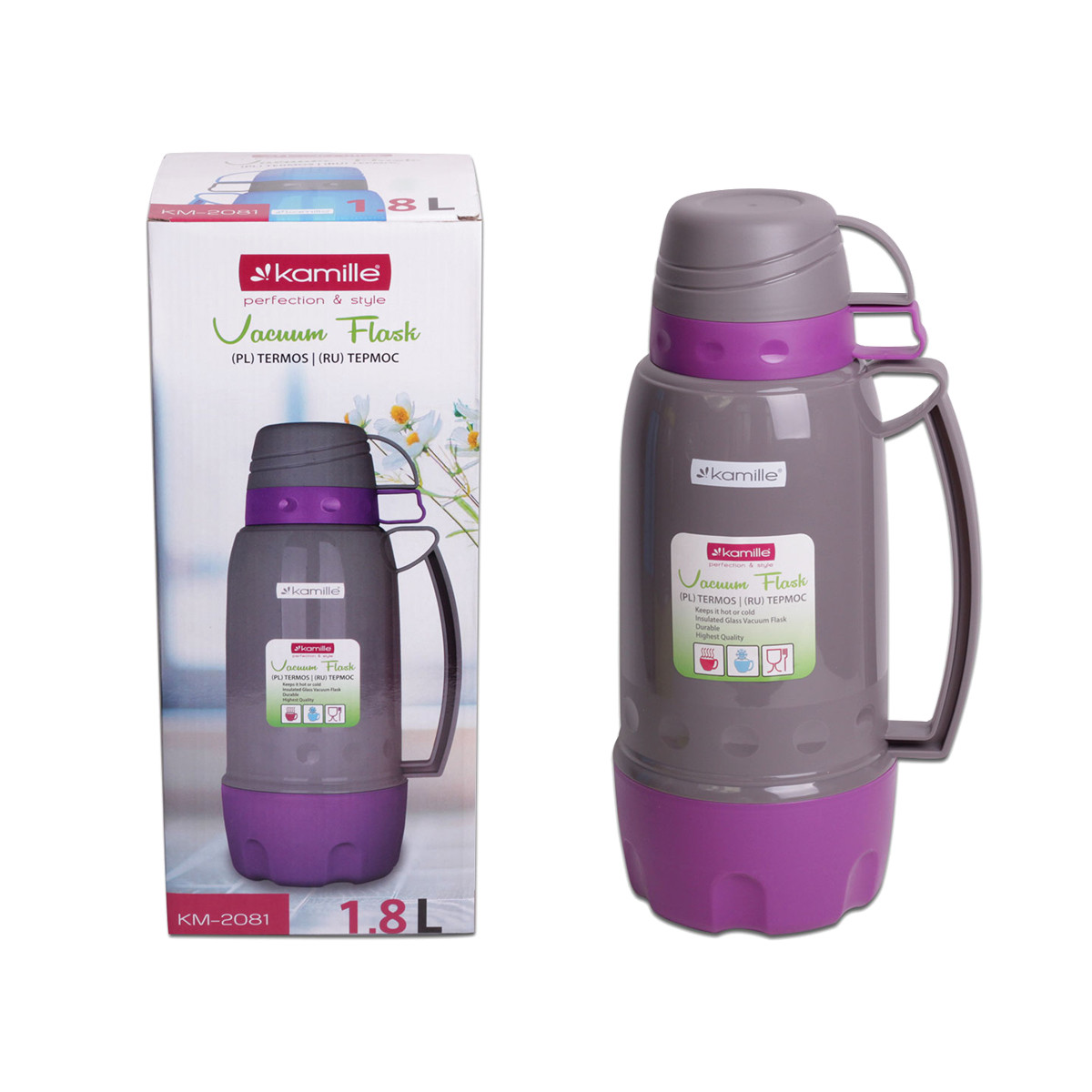Термос 1800мл пластиковий зі скляною колбою KM-2081, фото 1