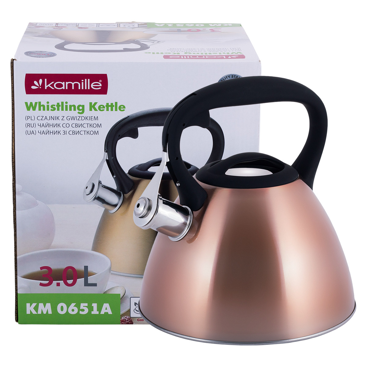Чайник 3л з нержавіючої сталі зі свистком і чорною бакелітовою ручкою для індукції, фото 1