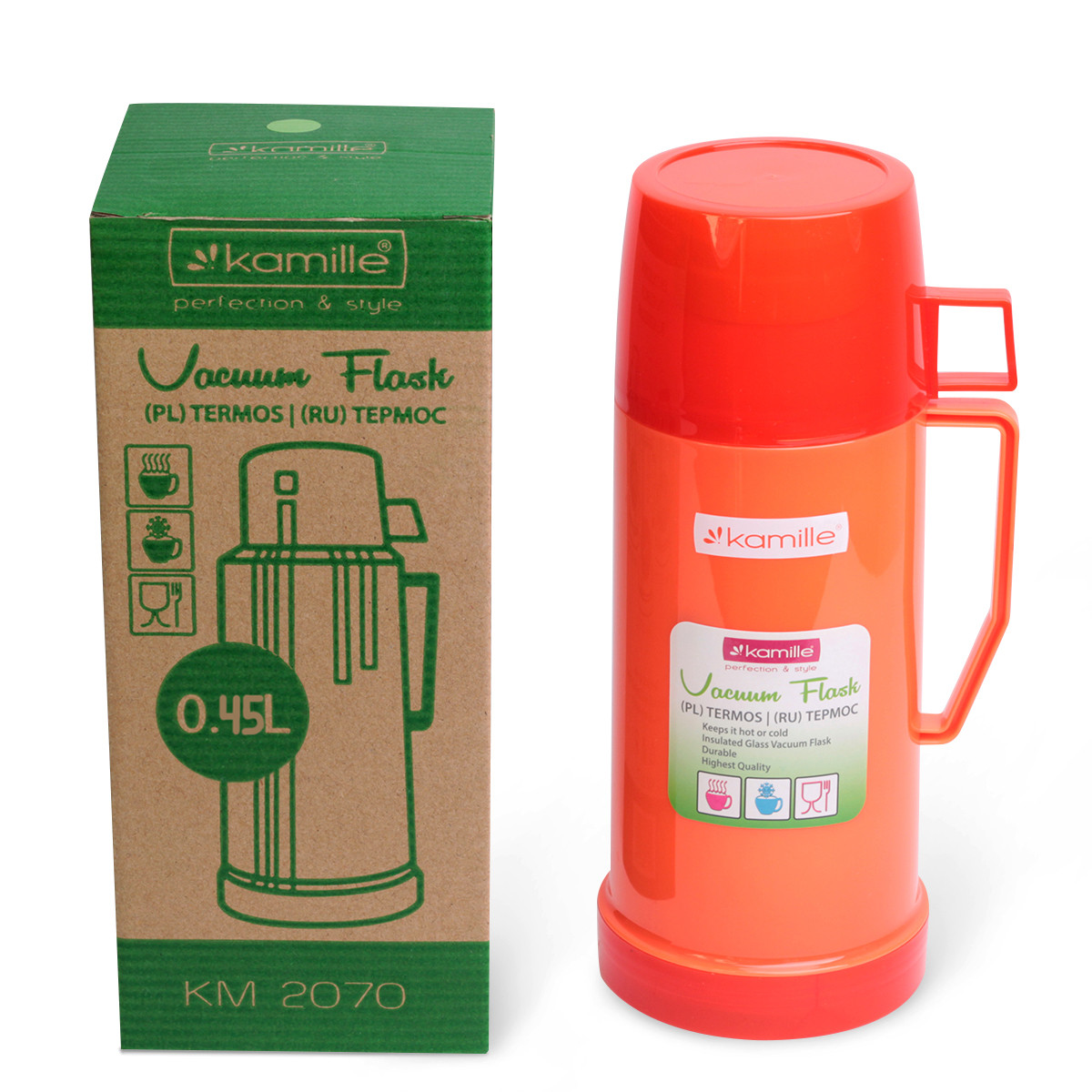 Термос Червоний 450мл пластиковий зі скляною колбою KM-2070KR