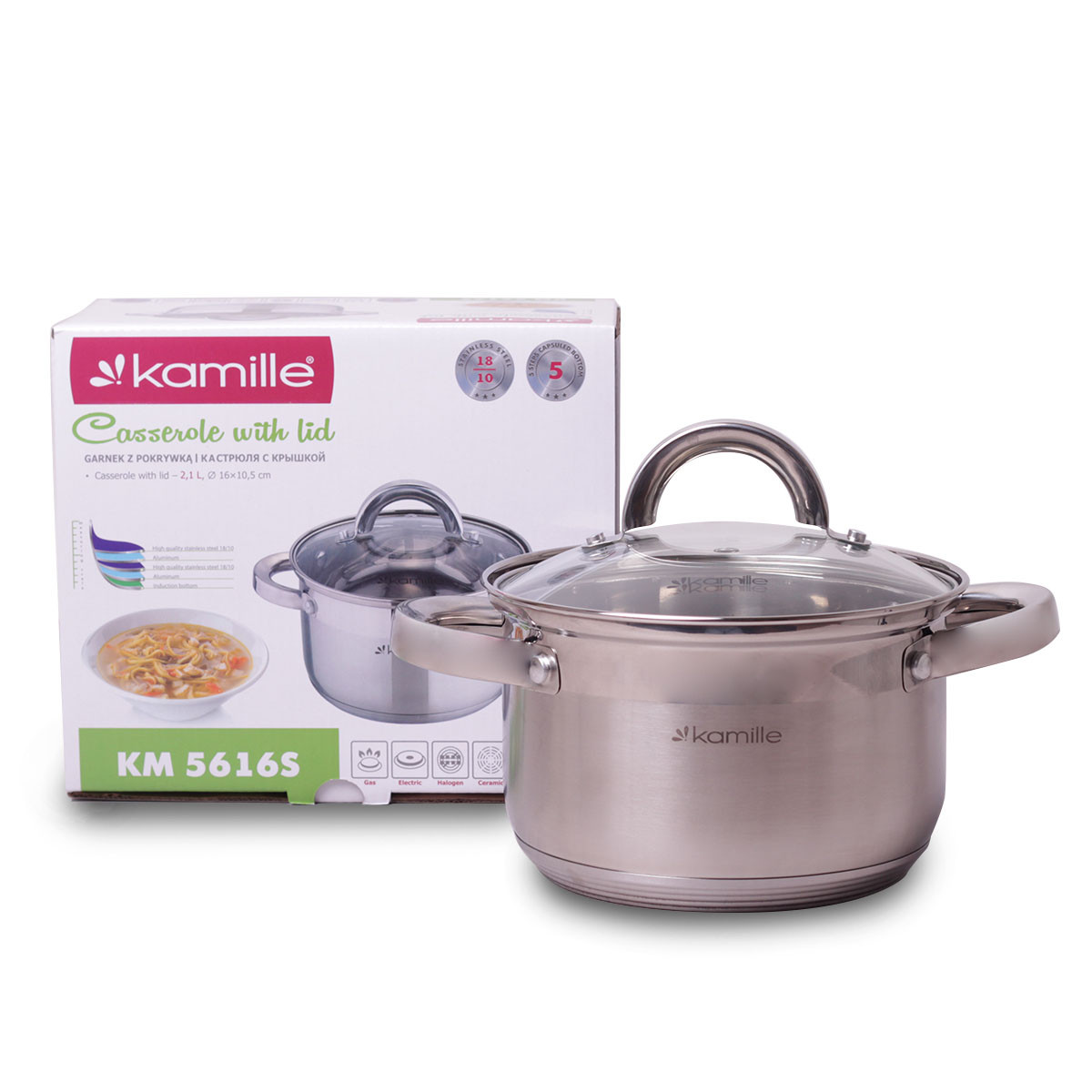 Каструля 2.1 л з нержавіючої сталі з кришкою і порожнистими ручками для індукції