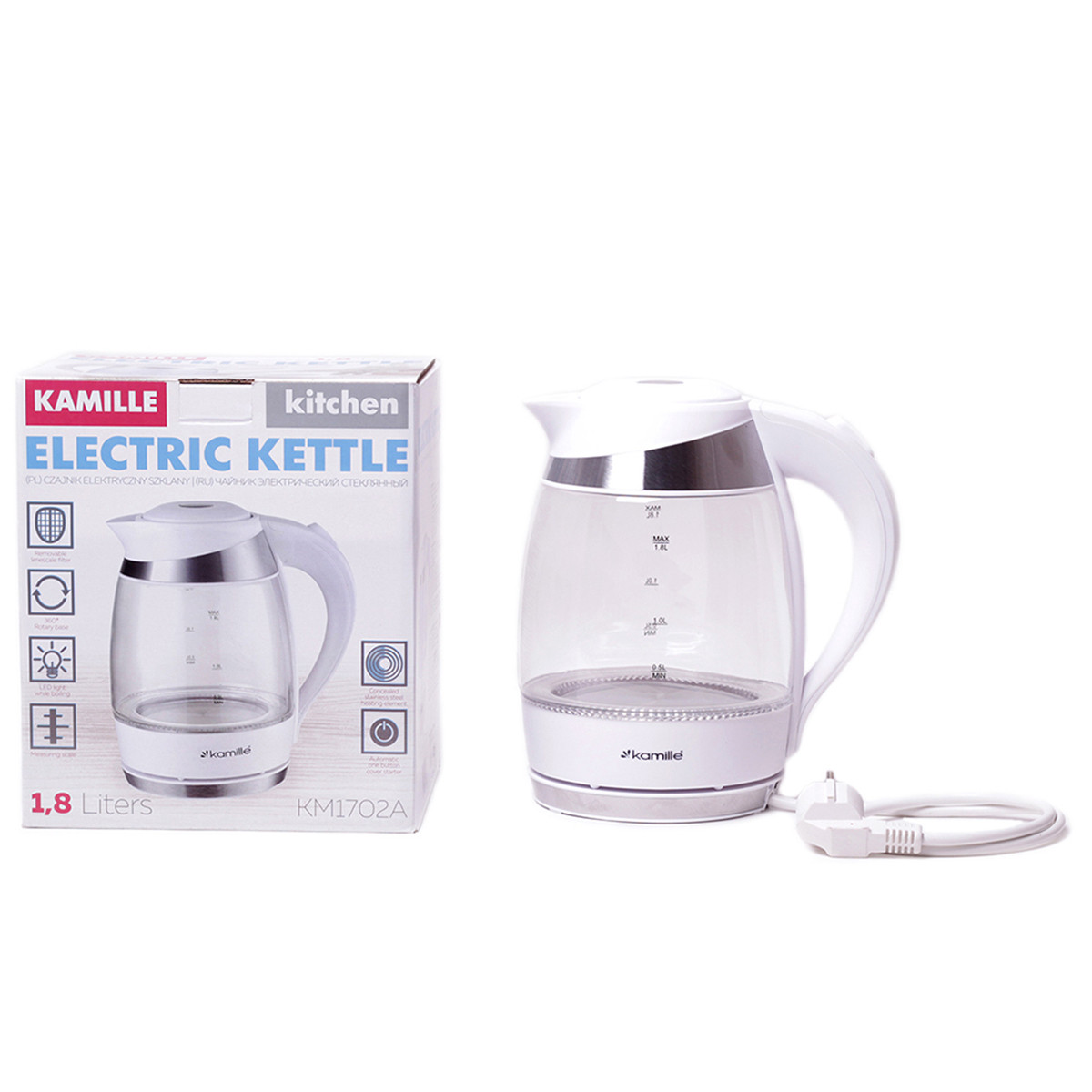 Чайник електричний 1.8 л з синім LED-підсвічуванням і сталевими декоративними вставками KM-1702A, фото 1