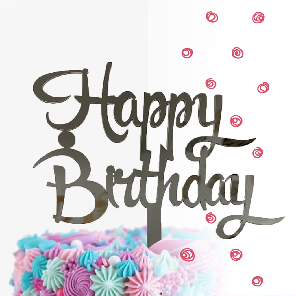 Топер фігурка на торт дзеркальний двосторонній з пластику "Happy Birthday" Manific Decor (золотий, срібний)