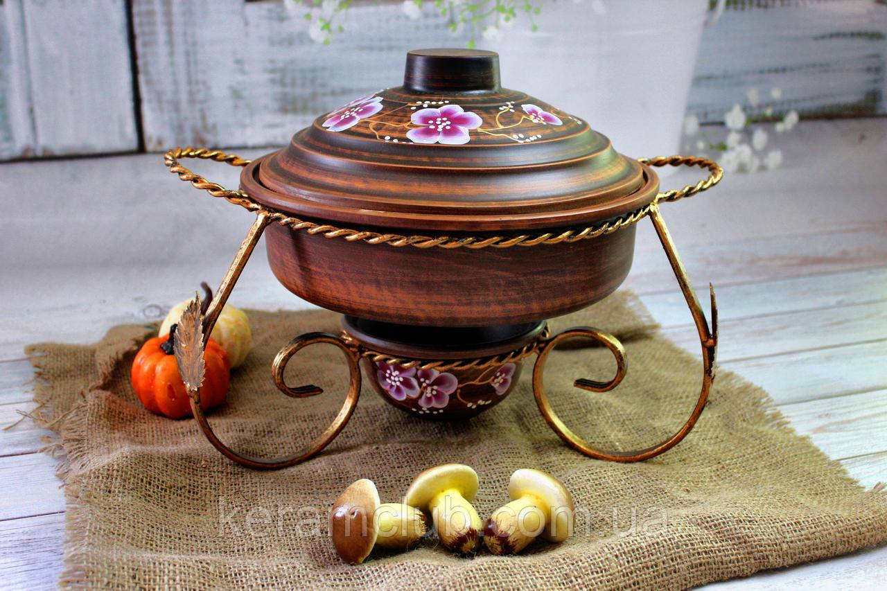 Садж для подавання шашлику з жаровнею рисованої з червоної глини 3 л КерамКлуб, фото 1